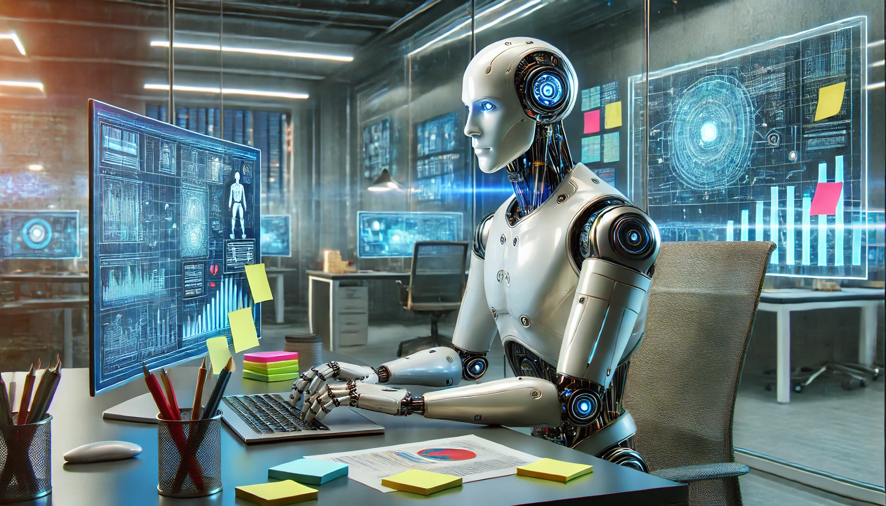 an AI robot typing in a keyboard
