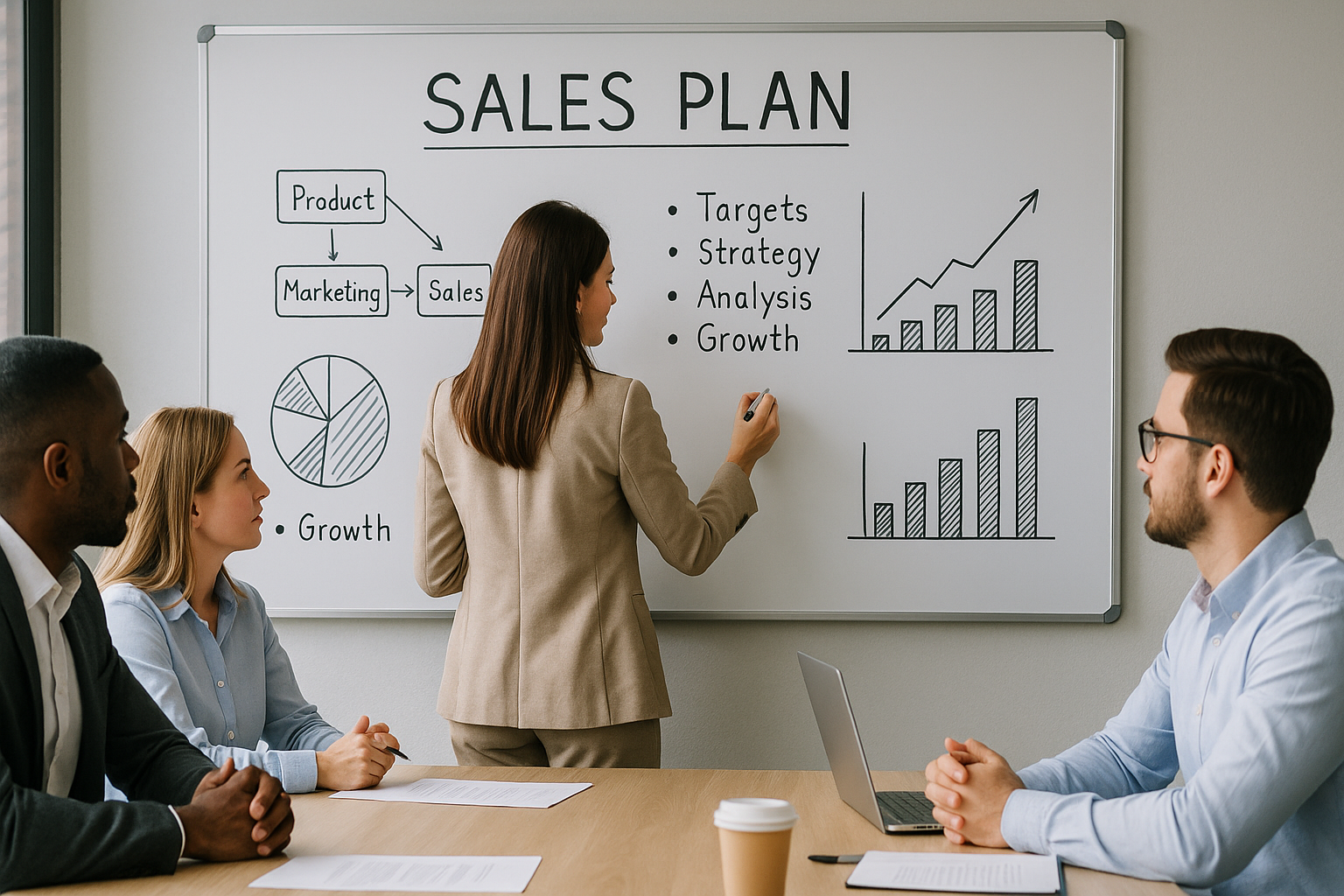 a girl writing sales plan in a white board