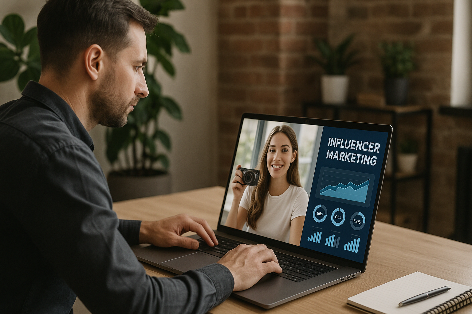 man in front of a laptop with influencer marketing as laptop background