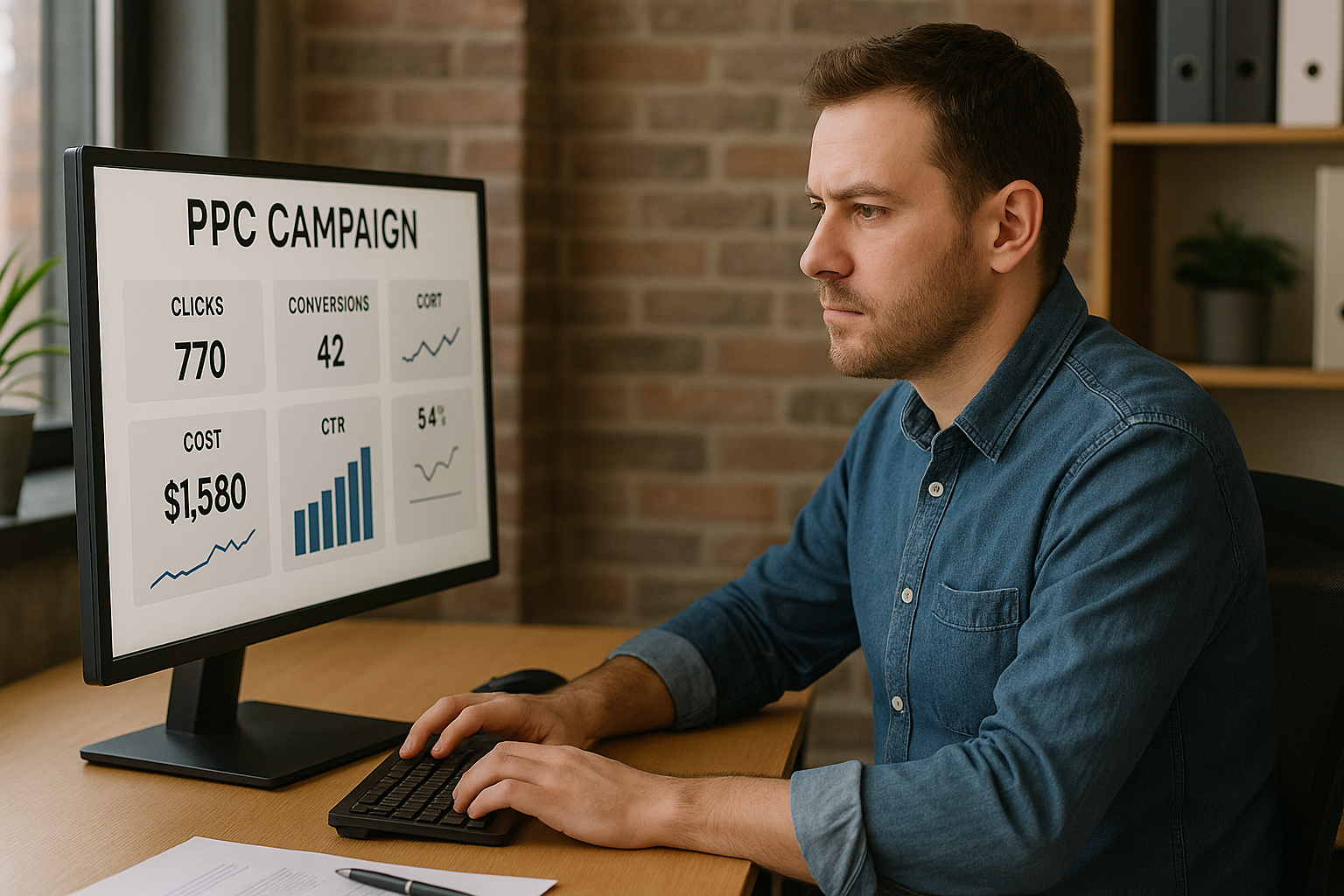 man in fron of a monitor with ppc campaign chart display