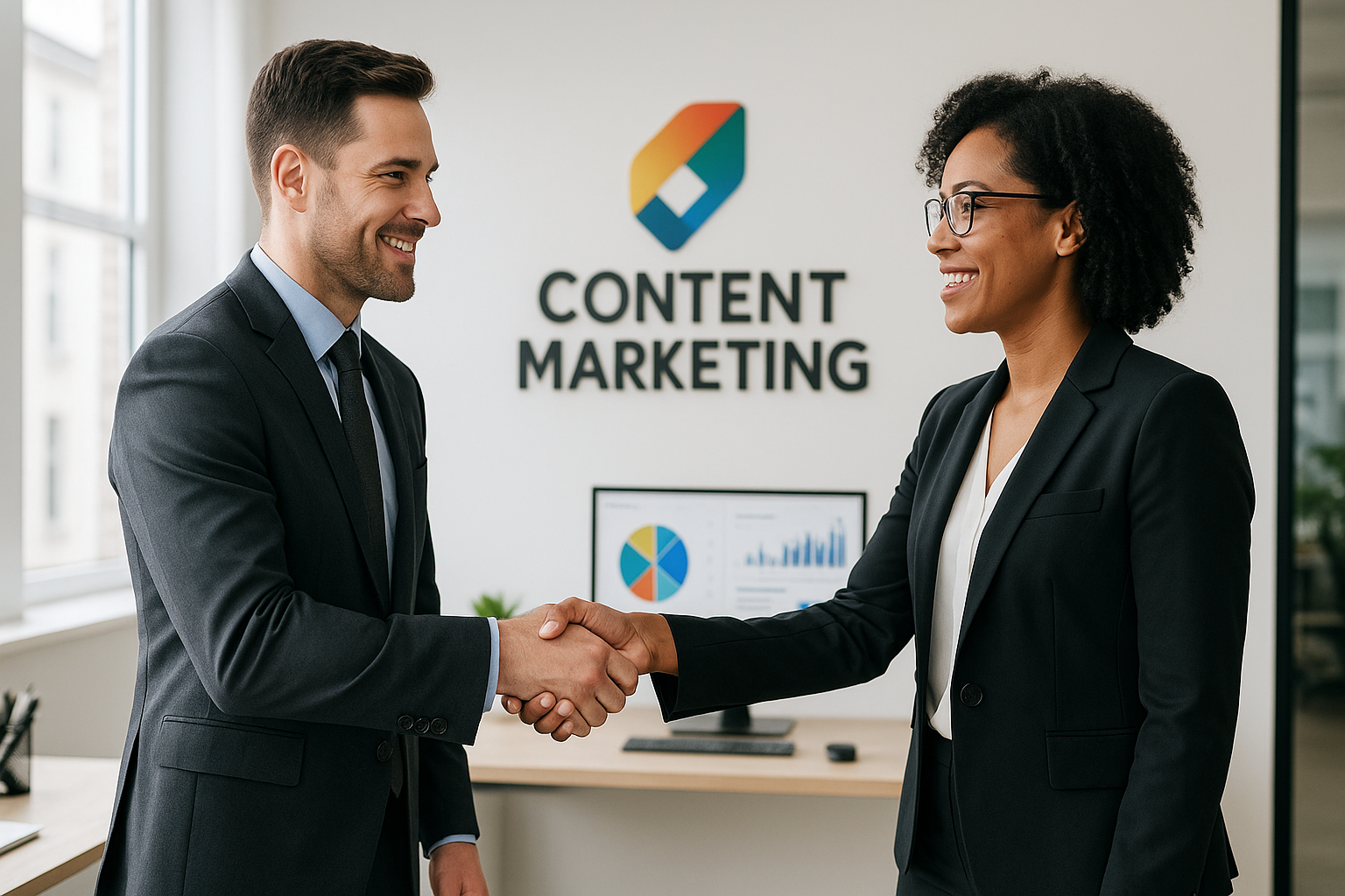 two people shaking hands with content marketing word in the background