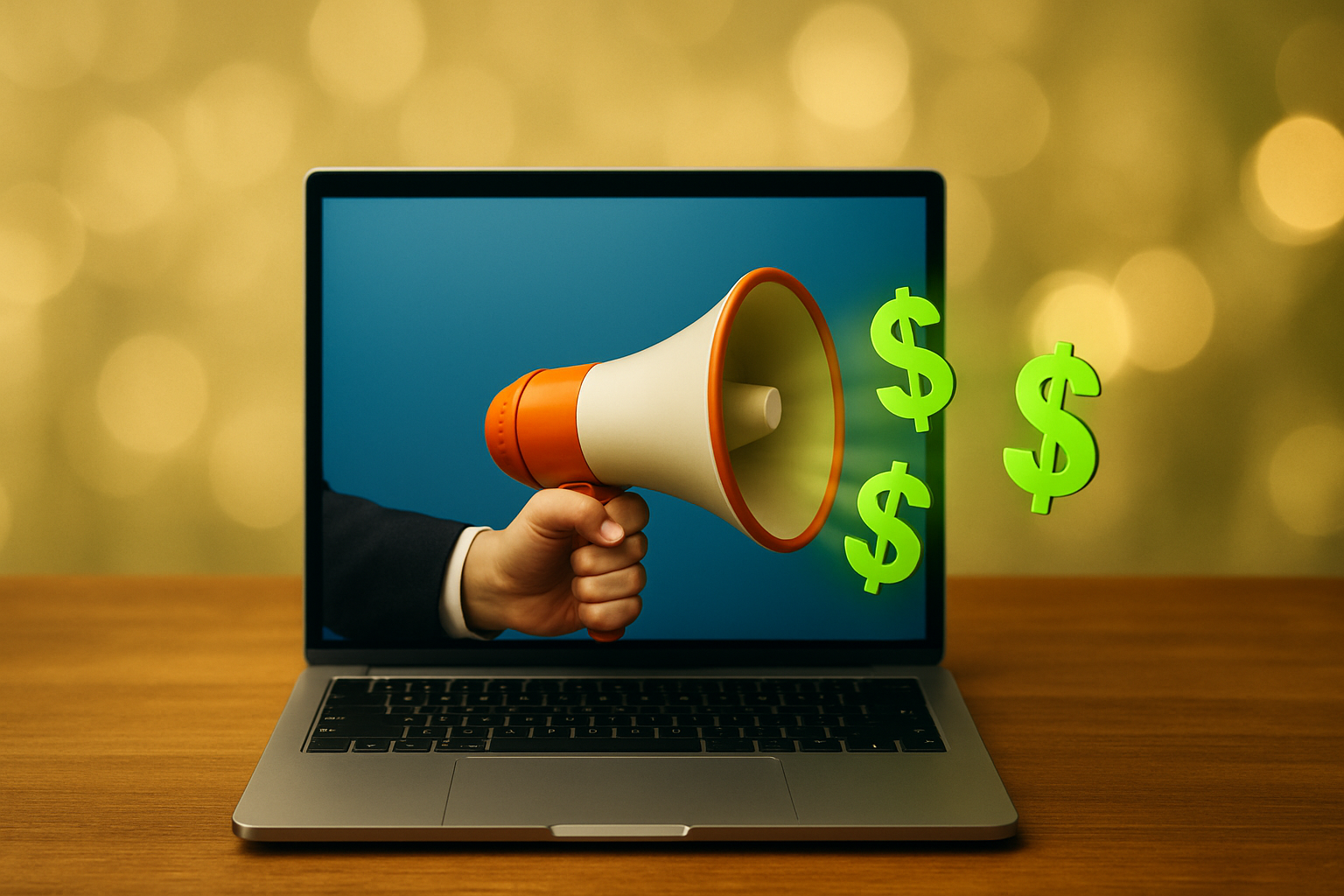 megaphone in a laptop with dollar sign image concept