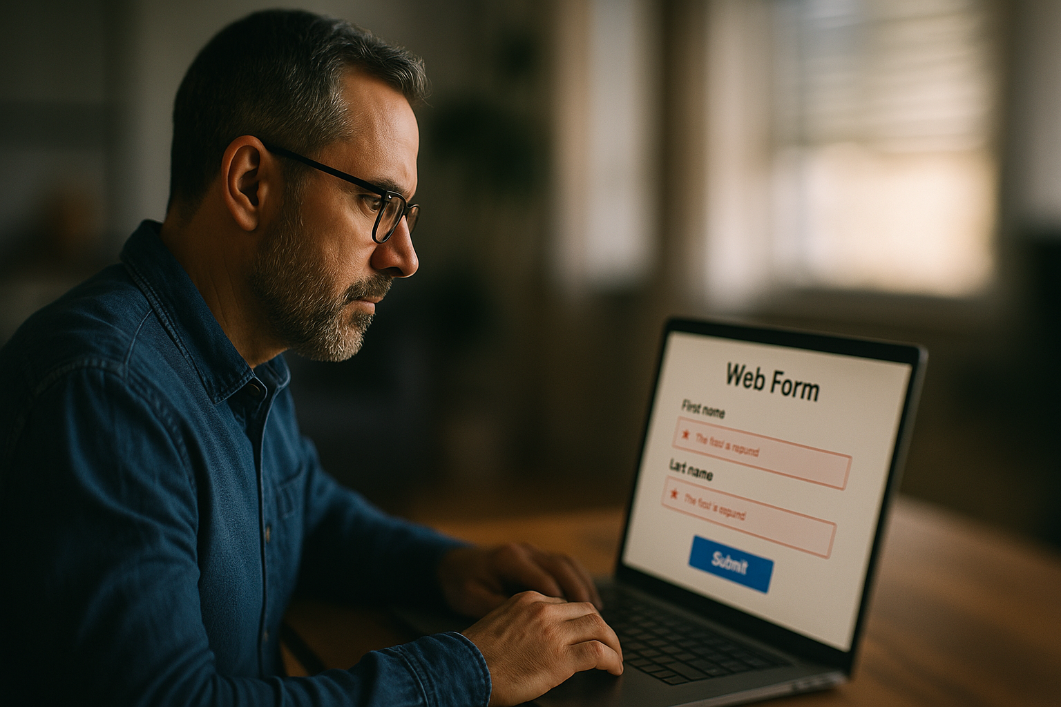 man infront of a laptop with a web form