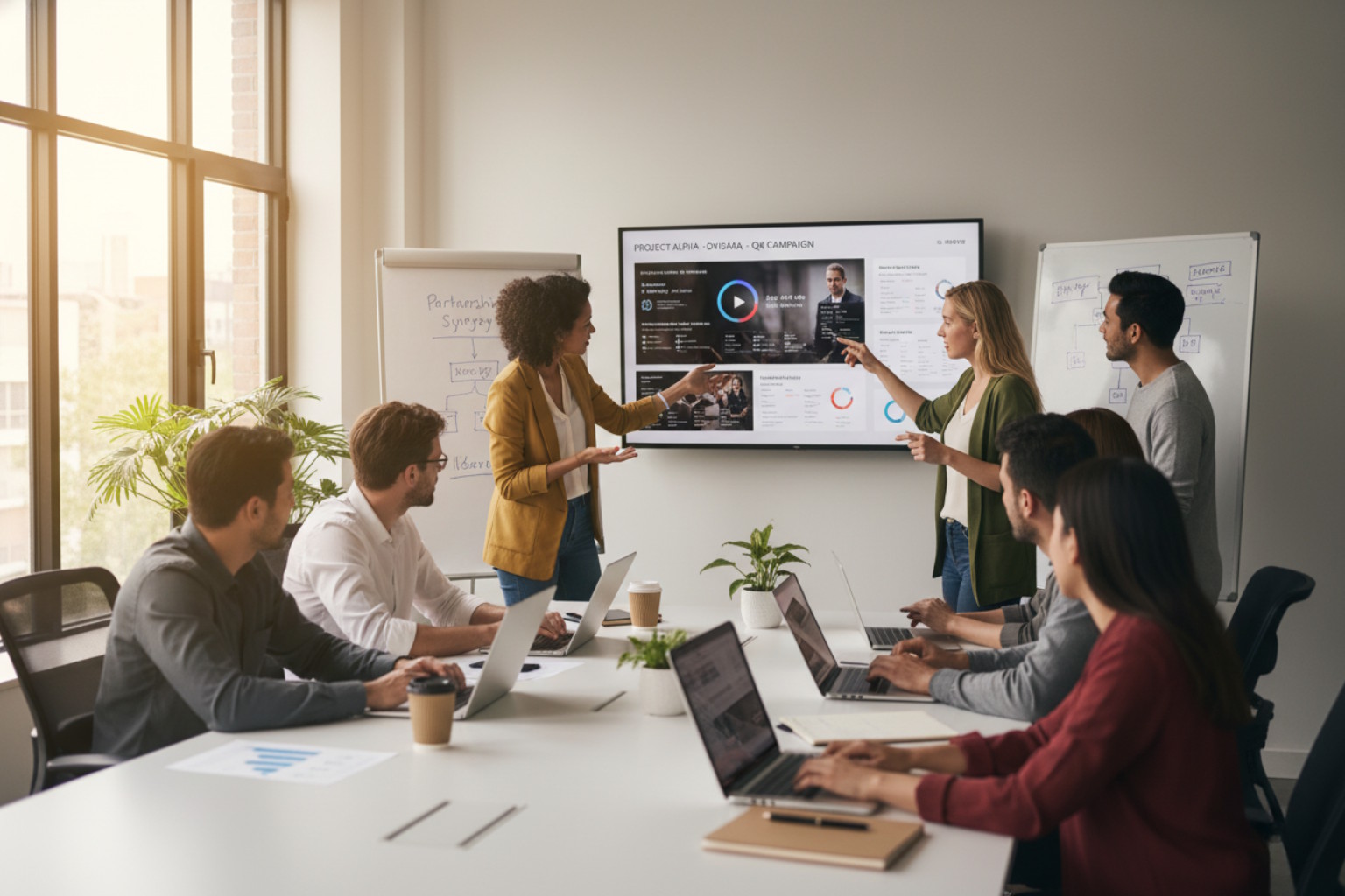 people having a meeting in fron of a monitor