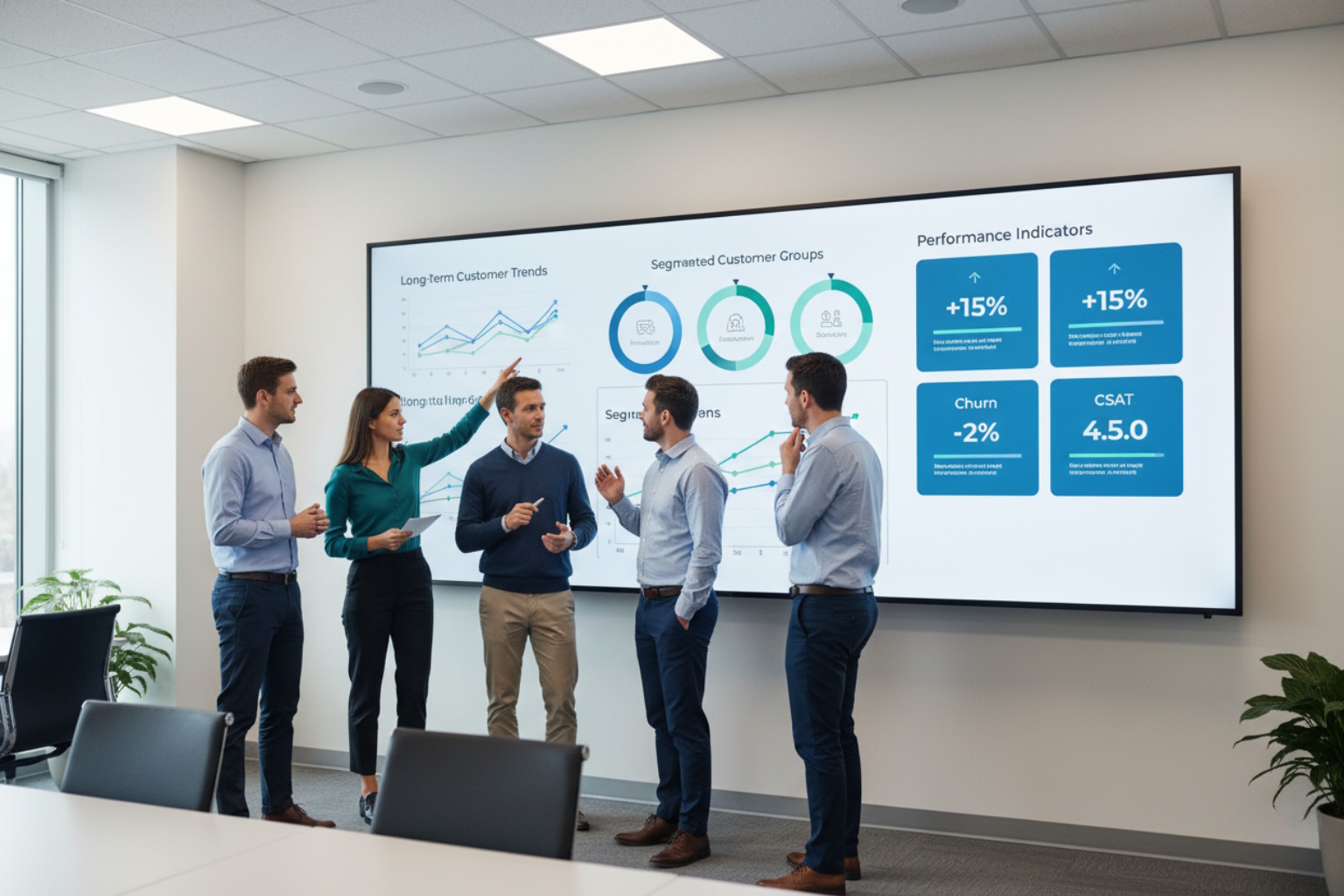 people discussing in front of a tv with graph