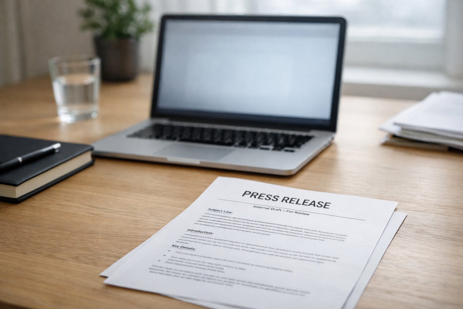 laptop on a table with a paper with press release title