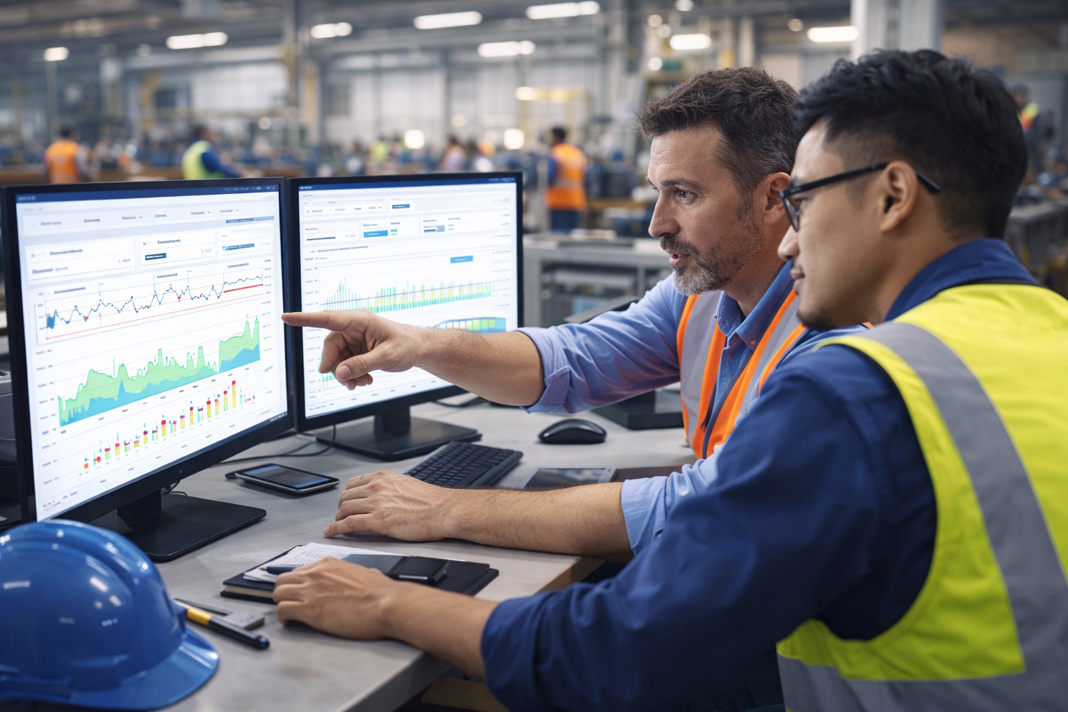two man in front of a monitor with graph