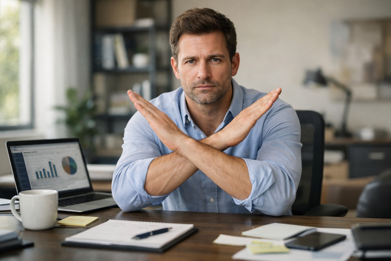 man giving an x sign gesture